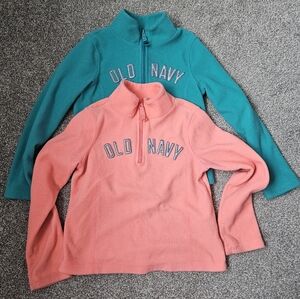Two Old Navy Quarter-Zip Fleece Size Small 6/7 Bright Coral And Emerald